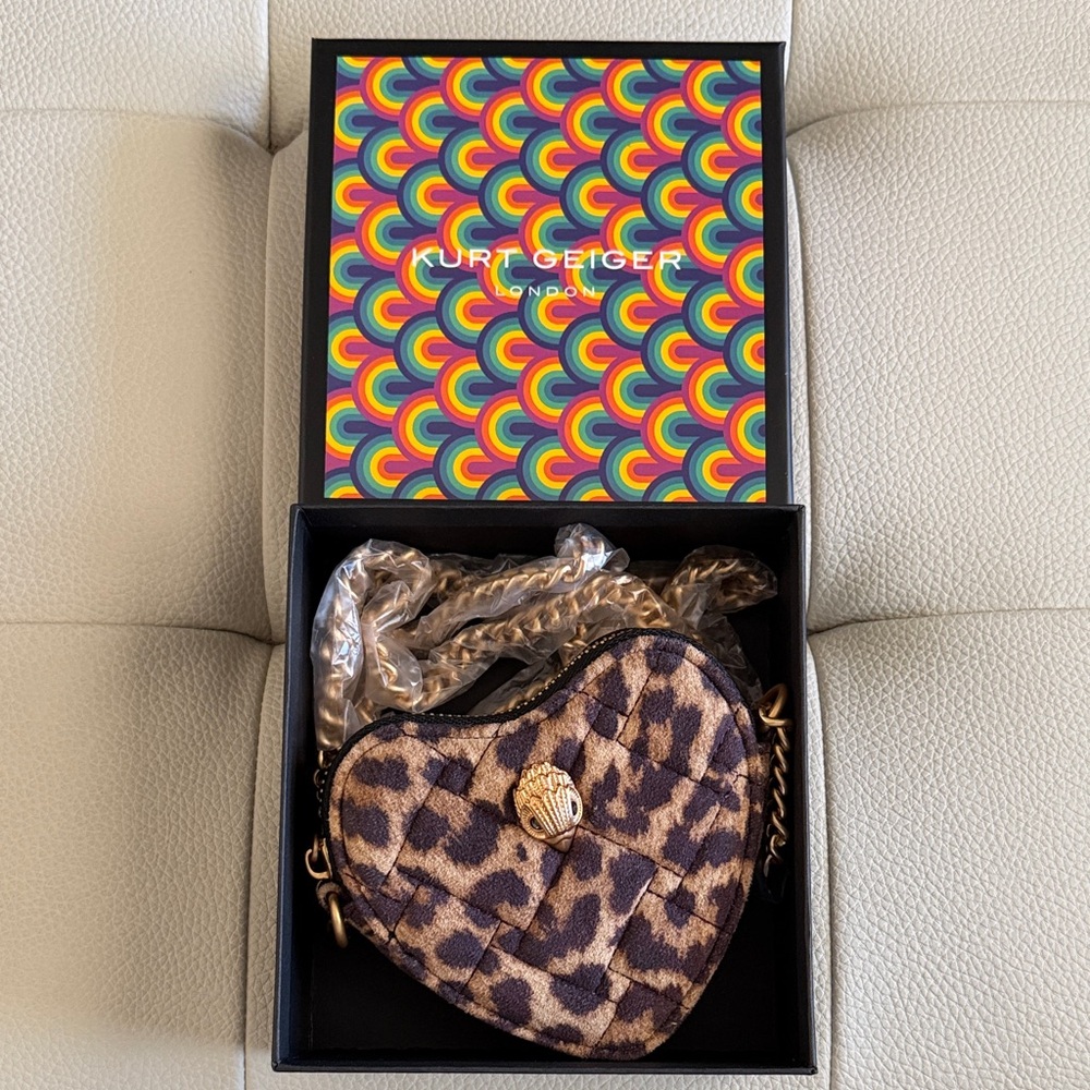 Kurt Geiger Leopard Print Heart Mini Bag with Gold Accents